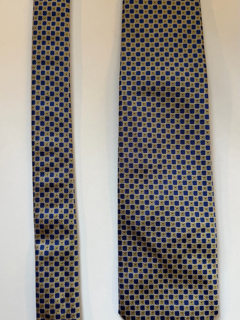 Vintage Prada Silk Tie Blue Gold Geometric Check Designer Necktie Made Italy